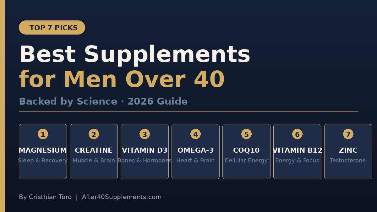 Best supplements for men over 40 — top 7 picks including magnesium, creatine, vitamin D3, omega-3, CoQ10, B12, and zinc