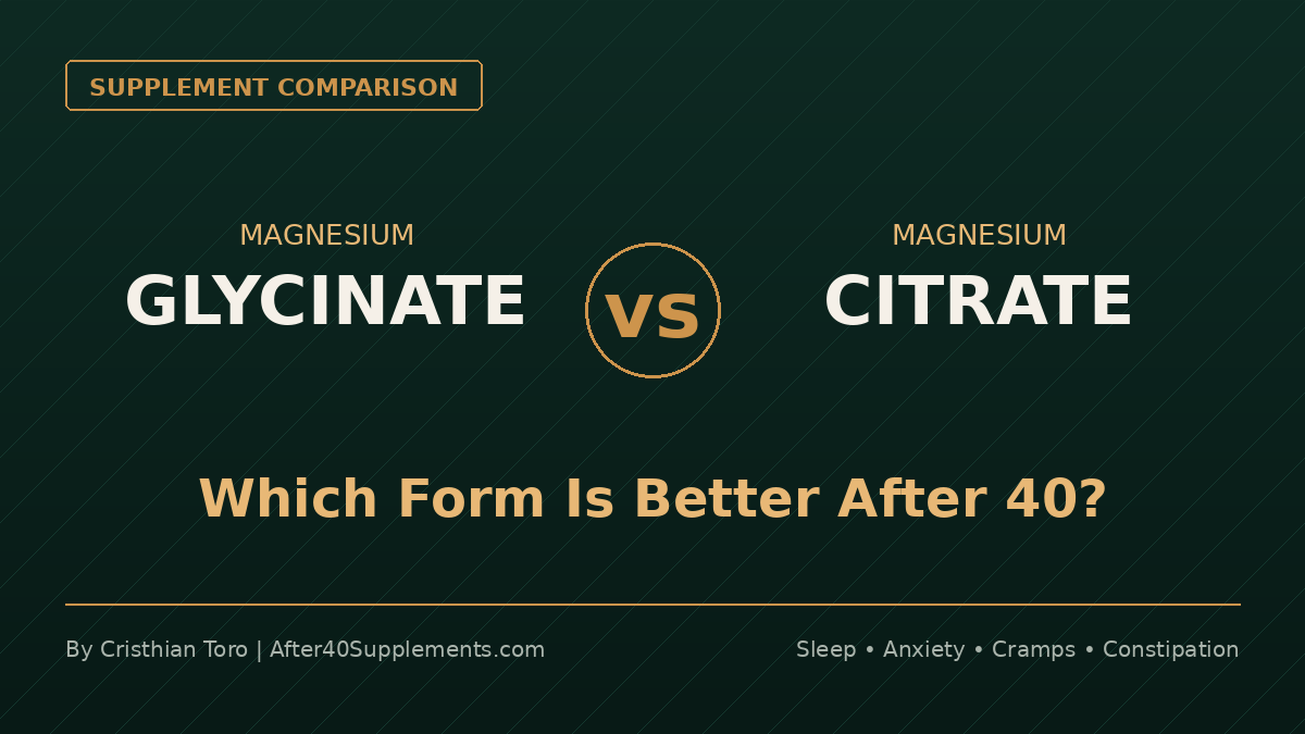 Magnesium glycinate vs magnesium citrate comparison graphic — which form is better for sleep, anxiety, cramps, and constipation in adults over 40
