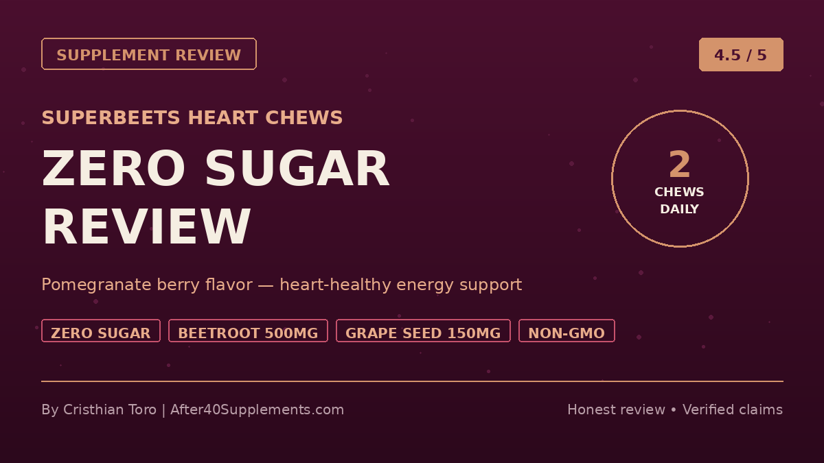 SuperBeets Heart Chews Zero Sugar review — pomegranate berry chews with beetroot 500mg and grape seed extract 150mg for heart-healthy energy support in adults over 40