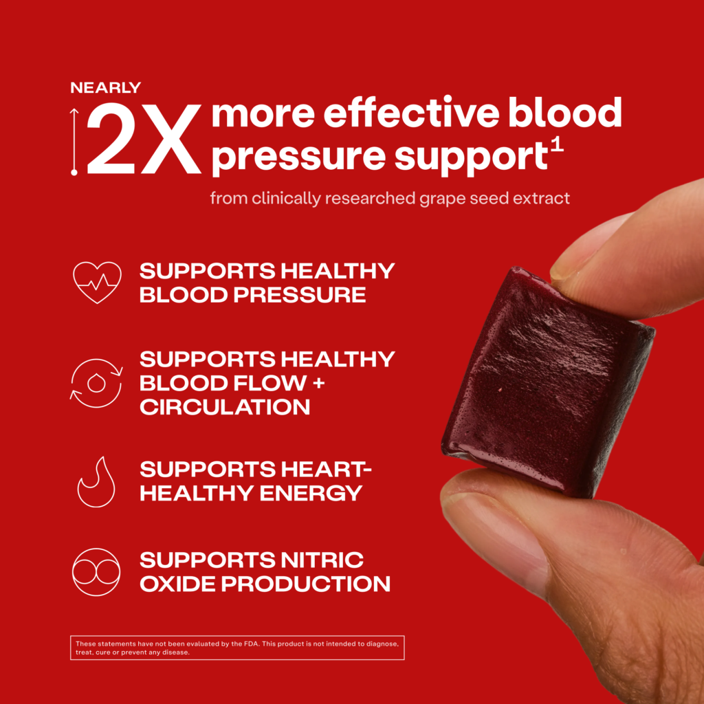 SuperBeets Heart Chews Zero Sugar nearly 2x more effective blood pressure support from clinically researched grape seed extract