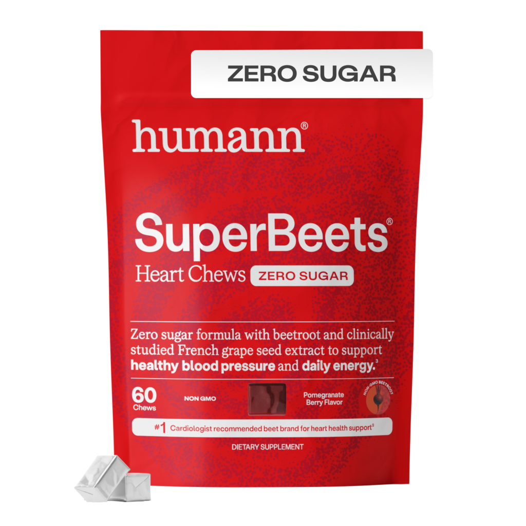 SuperBeets Heart Chews Zero Sugar package from Humann, 60 chews, pomegranate berry flavor